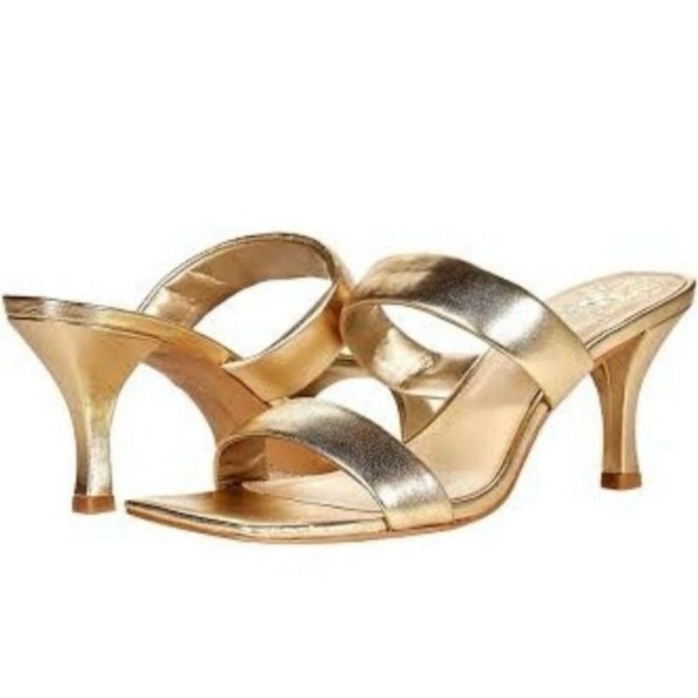 Vince Camuto Gold Heeled Sandals Sleek Slip-On Design square toe leather